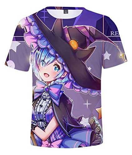 Herren Damen Anime Kurzarm T-Shirt Hemd Starting Life in Another World Remu Ramu Top 3D Bluse Hemd Cosplay Kostüm Tee Shirt A/Lila L (Chest 106cm) von Syqiya