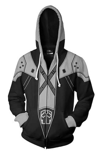 Mantel Freizeitjacke Übergangsjacke Sephiroth Cosplay Kostüm Reißverschluss Sweatjacke Anime 3D Druck Unisex Schwarz XXL (Chest 116cm) von Syqiya