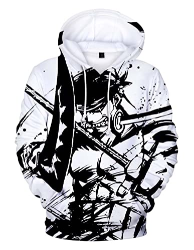 Syqiya 3D Druck Anime Kapuzenpulli Hoodie Roronoa Zoro Cosplay Kostüm Adult Herren Damen Weiß/C XL (Chest 116cm) von Syqiya