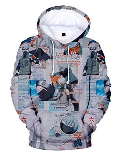 Syqiya Anime Pullover mit Kapuze 3D Druck Streetwear Rokudaime Hatake Kakashi Cosplay Kostüm Herren Damen Unisex Grau 5XL (Chest 140cm) von Syqiya