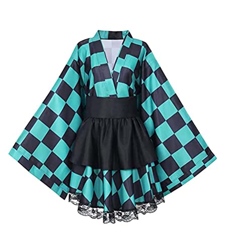 Syqiya Anime Tanjiro Kamado Dienstmädchenkleid Magd Zimmermädchen Kleid Cosplay Kostüm Damen Grün XXL (Chest 94-97cm) von Syqiya