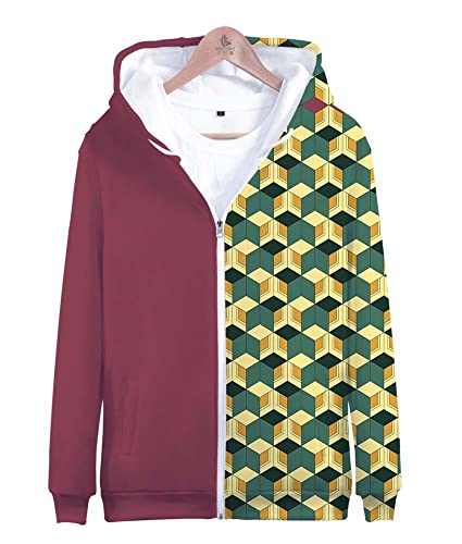 Syqiya Anime Unisex 3D Druck Kimetsu no Yaiba Giyu Tomioka Hoodie Langarm Sweatshirt mit Reißverschluss Cosplay Kostüm Rot L (Chest 110cm) von Syqiya