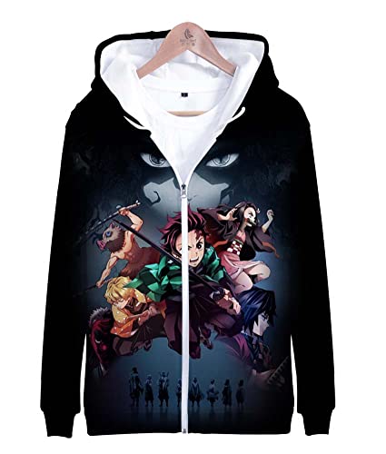 Syqiya Anime Unisex 3D Druck Kimetsu no Yaiba Tanjiro Kamado Hoodie Langarm Sweatshirt mit Reißverschluss Cosplay Kostüm Schwarz L (Chest 110cm) von Syqiya