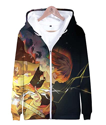 Syqiya Anime Unisex 3D Druck Kimetsu no Yaiba Zenitsu Agatsuma Monitsu Hoodie Langarm Sweatshirt mit Reißverschluss Cosplay Kostüm Schwarz L (Chest 110cm) von Syqiya