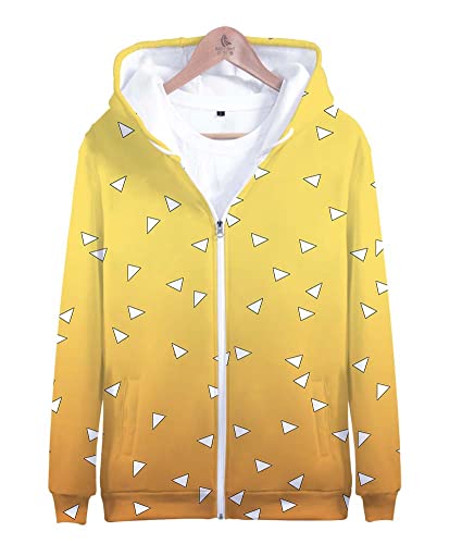 Syqiya Anime Unisex 3D Druck Kimetsu no Yaiba Zenitsu Agatsuma Monitsu Zenko Hoodie Langarm Sweatshirt mit Reißverschluss Cosplay Kostüm Gold/B L (Chest 110cm) von Syqiya