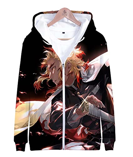 Syqiya Anime Unisex Hoodie Kimetsu no Yaiba Kyojuro Rengoku Langarm Sweatshirt Cosplay Kostüm Pullover mit Reißverschluss Schwarz XL (Chest 116cm) von Syqiya