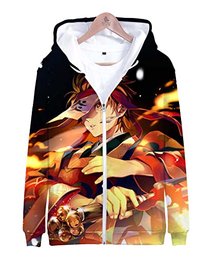 Syqiya Anime Unisex Hoodie Kimetsu no Yaiba Tanjiro Kamado Trainingsjacke Sweatjacke Mantel mit Kapuze Cosplay Kostüm Schwarz/C XS (Chest 92cm) von Syqiya