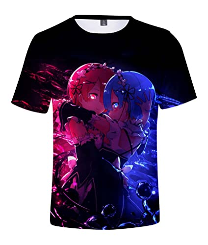 Syqiya Anime Different World from Zero Remu Ramu Kurzarm T-Shirt 3D Bluse Hemd Tee Shirt Top Cosplay Kostüm Schwarz Herren Damen XXL (Chest 118cm) von Syqiya