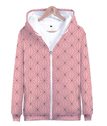 Syqiya Herren Damen Anime 3D Druck Pullover Streetwear Kimetsu no Yaiba Nezuko Kamado Cosplay Kostüm Jacke Pulli mit Reißverschluss Sweatshirt Rosa 6XL (Chest 146cm) von Syqiya