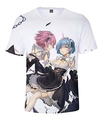 Syqiya Herren Damen Anime Kurzarm T-Shirt Hemd different world from zero Remu Ramu Top 3D Bluse Hemd Cosplay Kostüm Tee Shirt Weiß L (Chest 106cm) von Syqiya