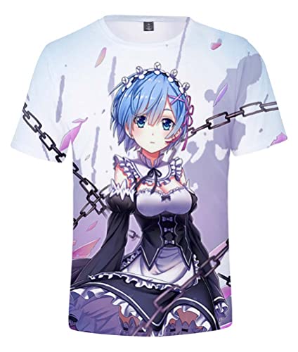 Syqiya Herren Damen Anime Kurzarm T-Shirt Hemd different world from zero Remu Top 3D Bluse Hemd Cosplay Kostüm Tee Shirt Weiß L (Chest 106cm) von Syqiya