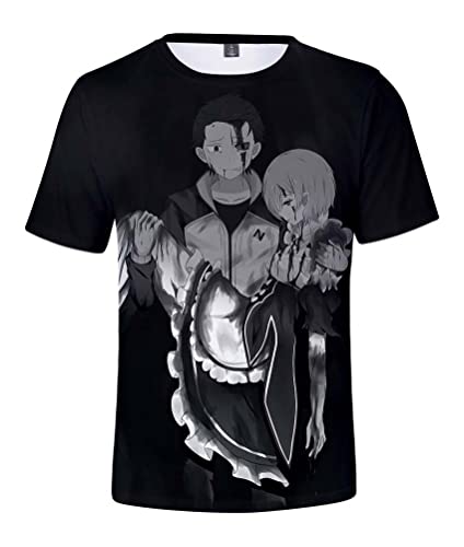 Syqiya Herren Damen Anime Different World from Zero Natsuki Remu Kurzarm T-Shirt 3D Bluse Hemd Tee Shirt Top Cosplay Kostüm Schwarz 4XL (Chest 130cm) von Syqiya