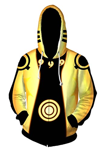 Syqiya Herren Damen Pullover Ninetales Uzumaki Rikudousennin Reißverschlussjacke Mantel Cosplay Kostüm Jacke Trenchcoat Unisex Gold 4XL (Chest 122cm) von Syqiya