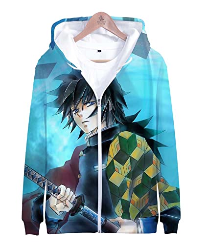 Syqiya Unisex Anime 3D Druck Sweatshirt Kimetsu no Yaiba Giyu Tomioka Pullover Reißverschluss Sweatjacke Mantel Übergangsjacke Coat Cosplay Kostüm Blau 3XL (Chest 128cm) von Syqiya