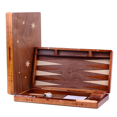 Syrace Holz eingelegtes Backgammon-Set, klassischer Strategie-Brettspielkoffer 15,7 Zoll große Größe, Backgammon mit Checkers Stücken für Erwachsene und Kinder von Syrace