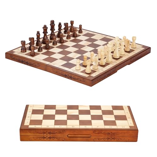 Syrace Magnetisches Schach- und Dame-Set, Brettspiele, Kinder und Erwachsene, aus Holz, faltbar, handgeschnitzt, tragbar, Reise-Schachbrettspiel-Sets mit Spielsteinen und Aufbewahrungsschlitzen, 40 cm von Syrace