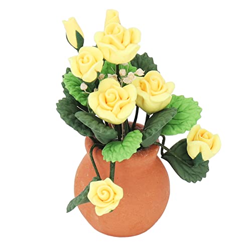 Syrisora ​​1:12, Puppenhaus, Blume, gelbe Rose, roter Blumentopf, grüne Blätter, Mini-Keramikblume in lebendiger Miniatur von Syrisora