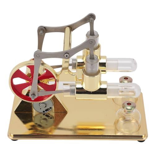 Syrisora Stirlingmotor-Modellbausatz, frühpädagogischer Doppelzylinder, Ganzmetall-Holzsockel, Stirlingmotor-Modell für Wissenschaft, Physik, Experiment (Gold) von Syrisora