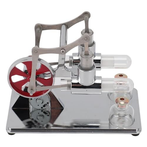 Syrisora Stirlingmotor-Modellbausatz, frühpädagogischer Doppelzylinder, Ganzmetall-Holzsockel, Stirlingmotor-Modell für Wissenschaft, Physik, Experiment (Silber) von Syrisora