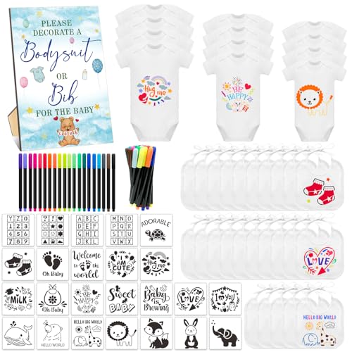 SytuHete 82-teiliges Baby-Lätzchen-Body, Babyparty-Set, Spielschild, Baby-Futterstation, Lätzchen, Neugeborenen-Body, Stoffmarker von SytuHete