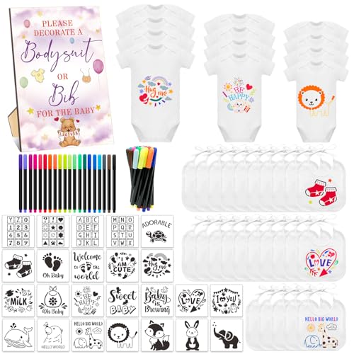 SytuHete 82-teiliges Baby-Lätzchen-Body, Babyparty-Set, Spielschild, Baby-Futterstation, Lätzchen, Neugeborenen-Body, Stoffmarker von SytuHete