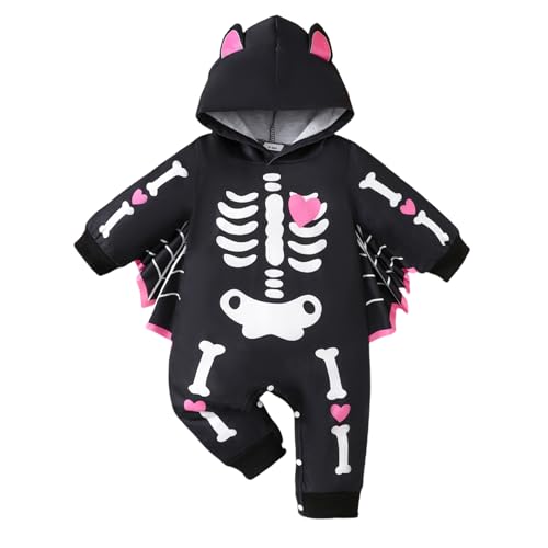 Sywiyi Baby Mädchen Halloween Outfits Hoodie Strampler Einteiler Overall Spielanzug Fledermaus Skelett Muster Baby Kinder Fasching Karneval Kleidung Schwarz 50-62 von Sywiyi