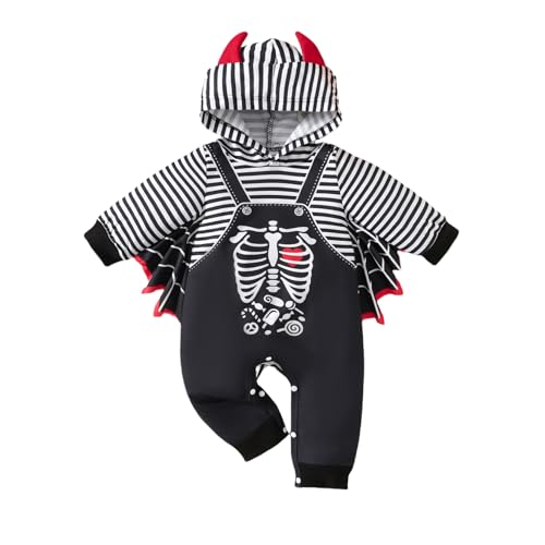 Sywiyi Baby Mädchen Halloween Outfits Hoodie Strampler Einteiler Overall Spielanzug Fledermaus Skelett Muster Baby Kinder Fasching Karneval Kleidung Schwarz_Gestreift 50-62 von Sywiyi