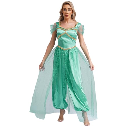 Sywiyi Damen Arabische Prinzessin Kostüm Bauchtanz Outfit Einteiler Strampler Jumpsuit mit Tüll-Overlay Glitzer Halloween Fasching Kostüm Türkis M von Sywiyi