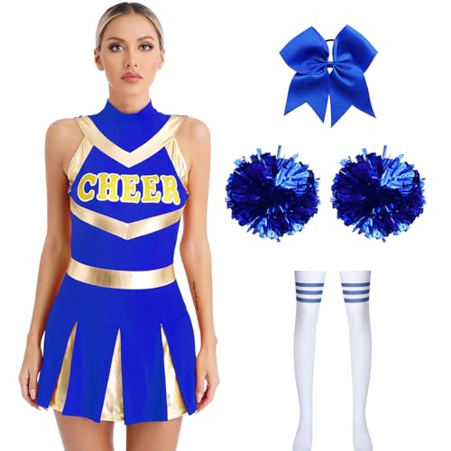 Sywiyi Damen Cheerleading Outfit Minikleid mit Overknee Strümpfe Pompoms Zubehör Schuluniform Komplett Cosplay Tanz Outfit A Königsblau mit Pompoms A M von Sywiyi