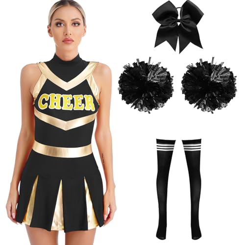 Sywiyi Damen Cheerleading Outfit Minikleid mit Overknee Strümpfe Pompoms Zubehör Schuluniform Komplett Cosplay Tanz Outfit A Schwarz mit Pompoms A L von Sywiyi