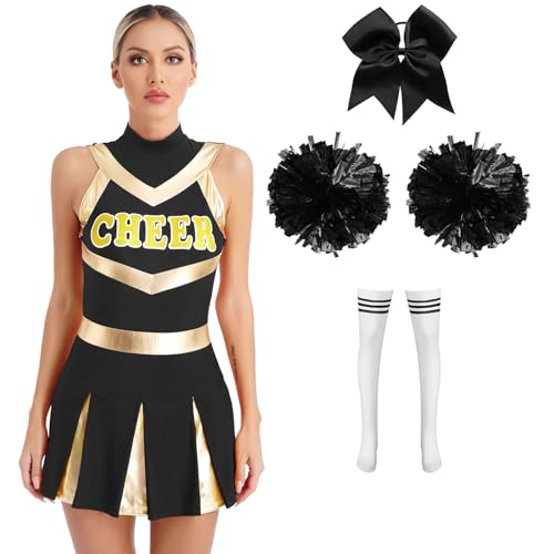 Sywiyi Damen Cheerleading Outfit Minikleid mit Overknee Strümpfe Pompoms Zubehör Schuluniform Komplett Cosplay Tanz Outfit A Schwarz mit Pompoms B XL von Sywiyi