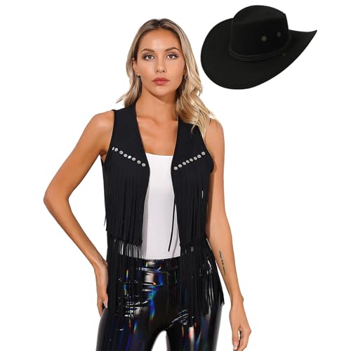 Sywiyi Damen Cowboyweste Fransen Weste Ärmellos Jacke mit Hut Western Cowboy Kostüm Sheriff Kostüm Karneval Mottoparty Coslplay Outfit Schwarz L von Sywiyi