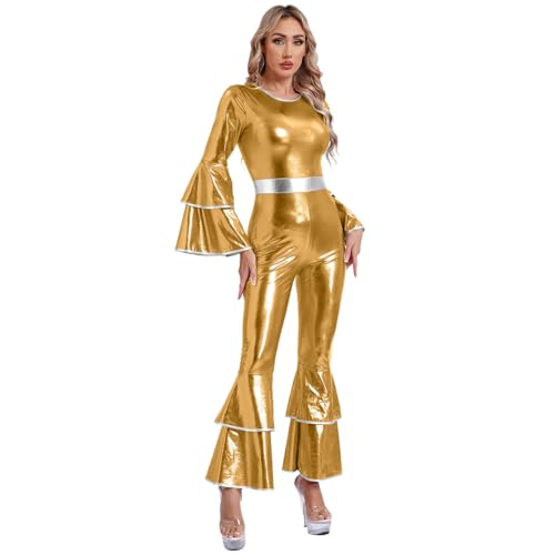 Sywiyi Damen Glänzend Jumspuit Overall mit Schlaghose 70s 80s Disco Kostüm Hippe Tanz Kleidung Fasching Karneval Kostüm Gold 3XL von Sywiyi