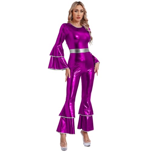 Sywiyi Damen Glänzend Jumspuit Overall mit Schlaghose 70s 80s Disco Kostüm Hippe Tanz Kleidung Fasching Karneval Kostüm Violett 3XL von Sywiyi