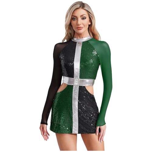 Sywiyi Damen Glitzer Disco Kleid Kostüm Langarm Bodycon Kleid Tanzkleid mit Cut Out Mottoparty Fasching Karneval Kostüm Grün 4XL von Sywiyi