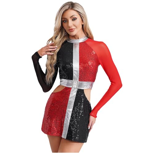 Sywiyi Damen Glitzer Disco Kleid Kostüm Langarm Bodycon Kleid Tanzkleid mit Cut Out Mottoparty Fasching Karneval Kostüm Rot 4XL von Sywiyi