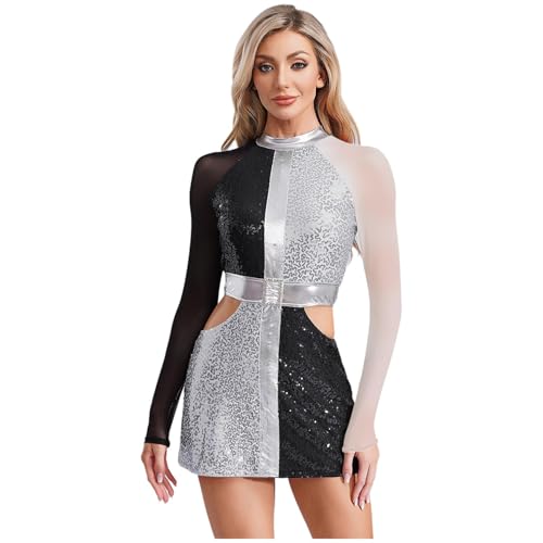 Sywiyi Damen Glitzer Disco Kleid Kostüm Langarm Bodycon Kleid Tanzkleid mit Cut Out Mottoparty Fasching Karneval Kostüm Weiß 4XL von Sywiyi