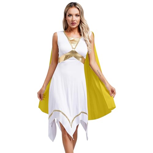 Sywiyi Damen Griechische Göttin Kostüm Kleopatra Kostüm Tunika Kleid Ärmellos Cosplay Outfit Halloween Karneval Mottoparty Kostüm Gelb 3XL von Sywiyi