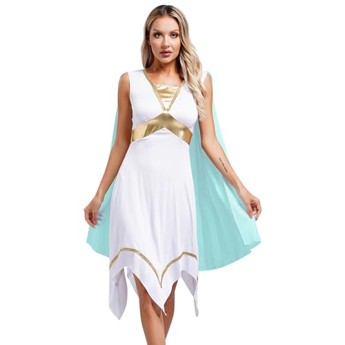 Sywiyi Damen Griechische Göttin Kostüm Kleopatra Kostüm Tunika Kleid Ärmellos Cosplay Outfit Halloween Karneval Mottoparty Kostüm Hellblau 3XL von Sywiyi