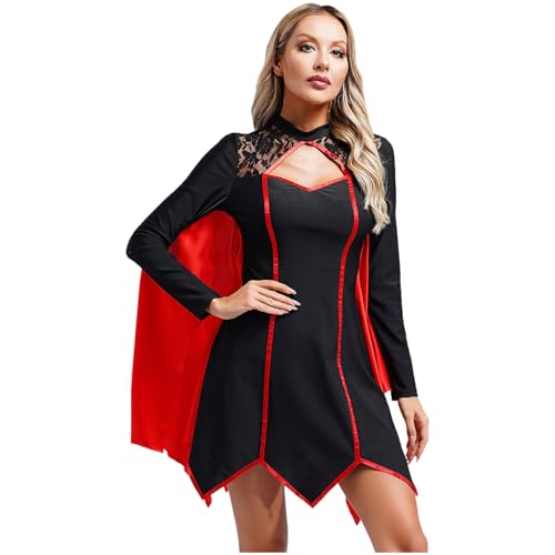 Sywiyi Damen Halloween Kostüm Vampir Taufel Cosplay Outfit Kleid Kurz mit Fledermausflügel Maskerade Karneval Kostüm Schwarz&Burgundy M von Sywiyi