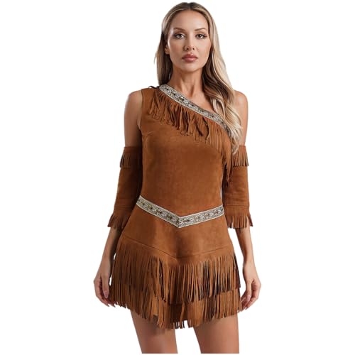 Sywiyi Damen Indianer Kleid Kostüm Wildleder Minikleid Quasten Kleider mit Stulpen Indianerin Halloween Fasching Western Kostüm Braun 3XL von Sywiyi