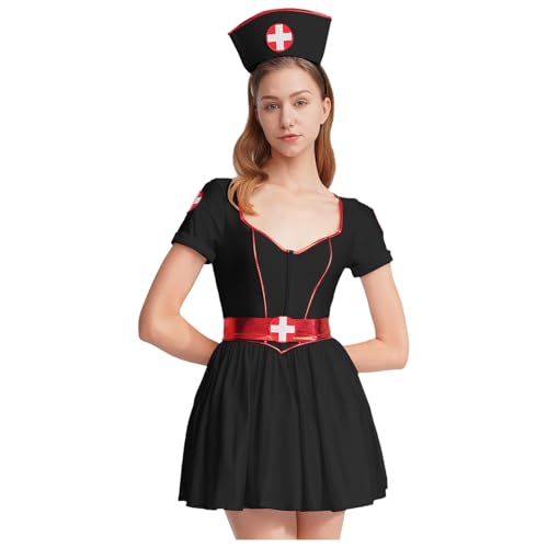 Sywiyi Damen Krankenschwester Kostüm Fasching Karneval Uniform Rollenspiel Kostüm Kurzarm Minikleid mit Haarreif Verkleidung Outfit Schwarz 3XL von Sywiyi