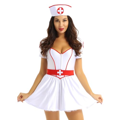 Sywiyi Damen Krankenschwester Kostüm Fasching Karneval Uniform Rollenspiel Kostüm Kurzarm Minikleid mit Haarreif Verkleidung Outfit Weiß 3XL von Sywiyi