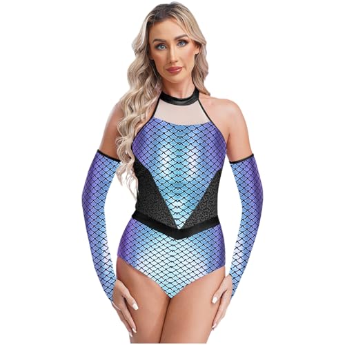 Sywiyi Damen Metallic Meerjungfrau Body Einteiler Bodysuit Trikot mit Fingerlose Handschuhe Glänzend Rollenspiel Kostüm für Halloween Fasching Violett 3XL Sywiyi Damen Metallic Meerjungfrau Body Einteiler Bodysuit Trikot mit Fingerlose Handschuhe Glänzend Rollenspiel Kostüm für Halloween Fasching Violett 3XL von Sywiyi