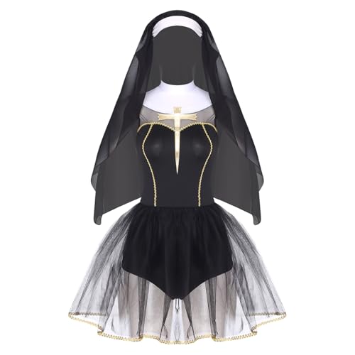 Sywiyi Damen Nonne Kostüm Geistliche Kirchen Kostüm Minikleid Kurz Tutu Kleid mit Kopfbedeckung Rollenspiel Outfit für Mottoparty Schwarz S Sywiyi Damen Nonne Kostüm Geistliche Kirchen Kostüm Minikleid Kurz Tutu Kleid mit Kopfbedeckung Rollenspiel Outfit für Mottoparty Schwarz S von Sywiyi
