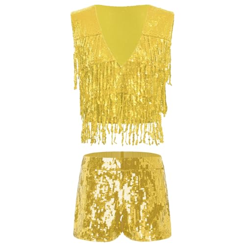 Sywiyi Damen Pailletten Oberteil Weste Fransenweste Tops mit Shorts Hotpants Vintage Glitzer Mottoparty Silvester Kostüm Karneval Fasching Gold L von Sywiyi