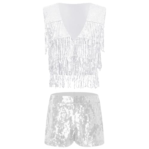 Sywiyi Damen Pailletten Oberteil Weste Fransenweste Tops mit Shorts Hotpants Vintage Glitzer Mottoparty Silvester Kostüm Karneval Fasching Silber L von Sywiyi