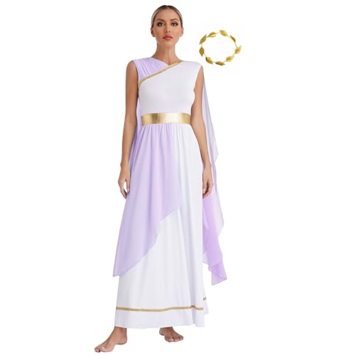 Sywiyi Damen Römische Göttin Kostüm Ägypterin Kostüm Maxikleid Lange Kleider mit Kopfband Cospaly Outfit Halloween Mottoparty Karneval Kostüm Lavendel 3XL von Sywiyi