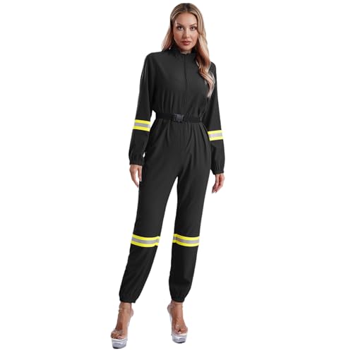 Sywiyi Halloween Kostüm Damen Erwachsene Feuerwehr Kostüm Einteiler Overall Feuerwehrfrau Cosplay Kostüm Fasching Karneval Schwarz 3XL von Sywiyi