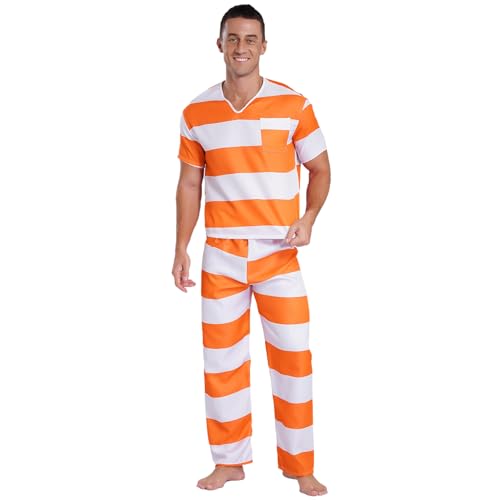 Sywiyi Halloween Kostüm Herren Gefangener Sträflings Uniform Cosplay Outfit Set Gestreift Langarmshirt mit Hose für Karneval Fasching Orange L von Sywiyi